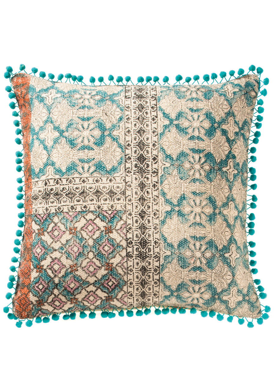 Pom-pom Teal Cushion